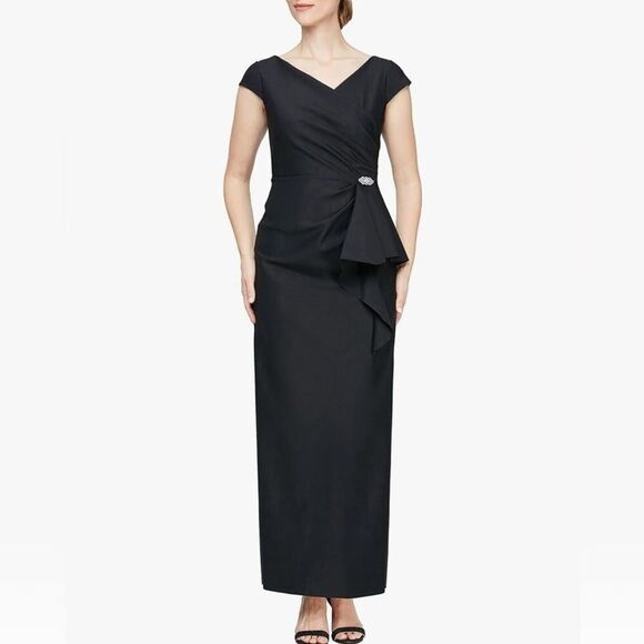 Alex Evenings Black V-Neck Gown Rhinestone Ruched Ruffle Formal Dress Size 2 NWT - Picture 1 of 13